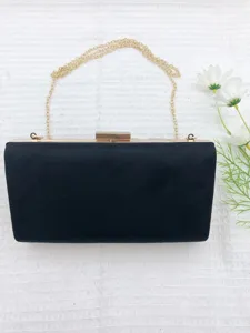 Details of the black box evening clutch bag with gold chain and metal clasp for women parties.