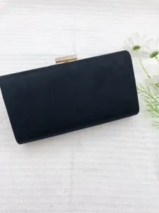Elegant black suede evening clutch bag with gold clasp for women party wedding dress.
