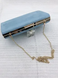 Light blue evening clutch bag with gold chain strap, elegant hard case cross body purse for women.