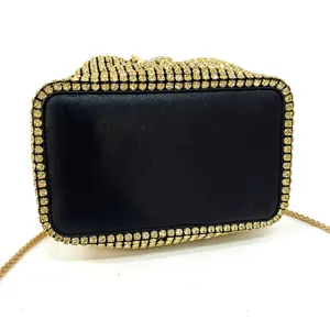 Black and gold rhinestone evening bag elegant clutch purse with chain strap detail product shot