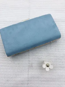 Blue suede evening clutch bag with elegant gold metal frame and clasp for women party events