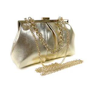 Elegant metallic gold clutch bag with chain strap for evening party wedding and formal events.