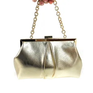 Gold metallic evening clutch bag detail view featuring elegant chain strap and metal frame.