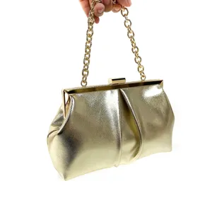 Gold metallic evening clutch bag with chunky chain strap for women weddings and formal parties.