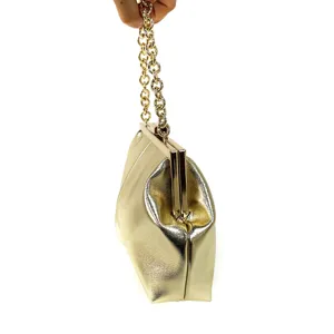 Gold metallic evening clutch bag with chunky chain handle, detailed view of design