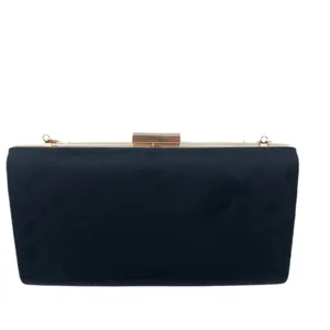 Women elegant black velvet evening clutch bag with gold metal frame hardcase chain handbag