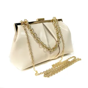 Elegant beige pleated evening clutch bag with gold metal frame and chunky chain strap.