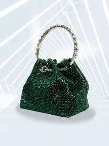 Green rhinestone evening bag detail, featuring a stunning crystal metal ring handle and chic chain.