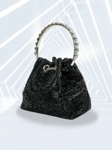 Exquisite rhinestone bucket bag detail featuring a sparkling crystal metal ring handle and pouch.