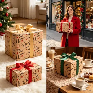 Christmas wrapping paper roll with cute reindeer design, perfect for holiday gift giving.