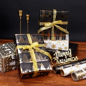 Papel de regalo de Navidad negro oro ciervo copo de nieve rollo set para embalaje
