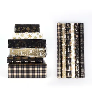 Set de papel de regalo de navidad negro dorado rollos y cajas para decoracion festiva