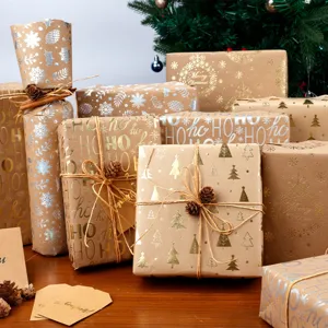 Christmas Gift Wrapping Paper Roll Gold Foil Vintage Kraft Paper Large Size Holiday Present Wrapping Paper For Party