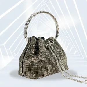 Elegantly crafted rhinestone evening bag with round metal handle for women's party events.