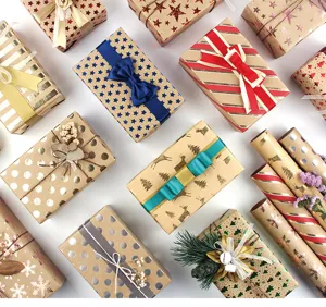 Christmas wrapping paper retro kraft paper gold foil gift box packaging for holiday party