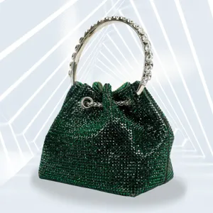Stunning green rhinestone bucket bag with sparkly jeweled metal handle for evening party wear