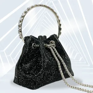 Black rhinestone bucket evening bag with crystal round handle and metal chain for women party dress