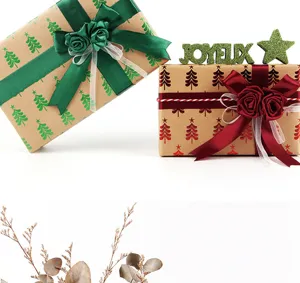 Vintage kraft Christmas wrapping paper with gold stamping tree patterns and elegant bows.