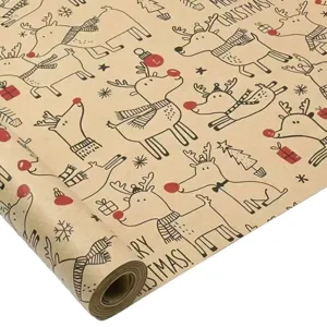 Christmas wrapping paper roll kraft paper with cute reindeers trees snowflakes for gifts.