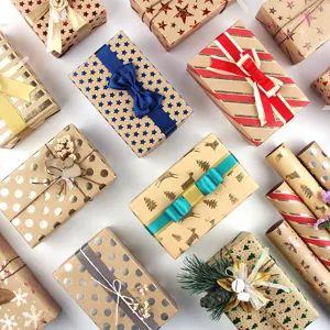 Vintage Kraft Paper Gift Wrapping Paper Gold Stamping Christmas Birthday Holiday Present Packaging Roll