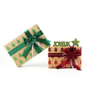 Christmas gift boxes set retro kraft wrapping paper with decorative ribbons and text