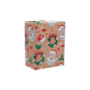 Christmas gift wrapping paper kraft paper with vintage Santa Claus and festive wreath designs.