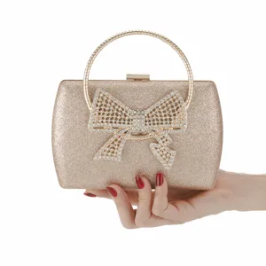 Vintage Glitter Satin Evening Bag Women Elegant Rhinestone Bow Banquet Handbag Metallic Handle Clutch Purse