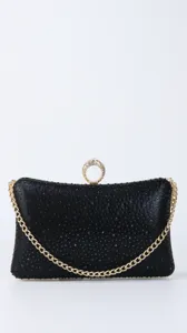 Black rhinestone evening clutch bag with gold chain strap and stylish ring clasp design.