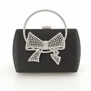 Exquisite black crystal bow evening clutch bag detail showcasing rhinestone ring handle design.