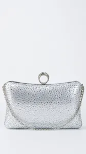 Silver rhinestone evening clutch bag sparkling crystal purse detail shot elegant party accessory