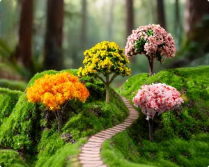 Detailaufnahme von Miniatur-Modellbäumen mit buntem Laub auf dekorativer Mooslandschaft.