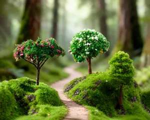 Miniatur Landschaftsbaum Modell Detail mit realistischem gruenem Laub und Moosweg Szene.
