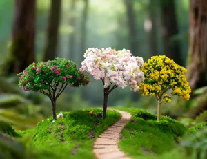 Miniatur Landschaft künstlicher Baum Detail mit bunten Blüten und Moosweg für Bastelarbeiten.
