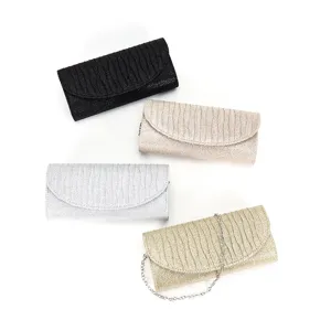 Women Vintage Glitter Pleated Evening Bag Envelope Clutch Purse With Metal Chain For Wedding Banquet Party Dress
