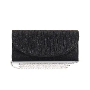 Elegant black glitter evening clutch bag with silver chain strap for weddings and parties.