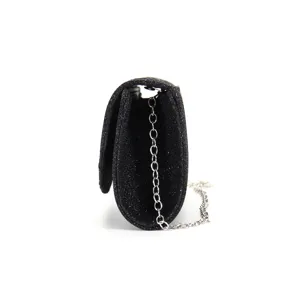 Black glitter evening clutch bag with silver chain strap for women party prom wedding.