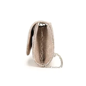 Elegant champagne glitter evening clutch bag with chain strap for women party wedding.