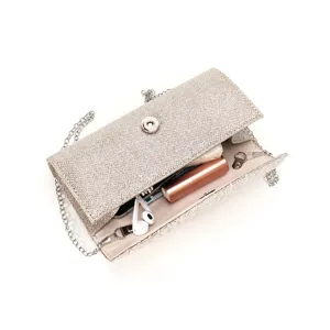 Glitter evening clutch bag interior detail showing spacious capacity for phone and essentials