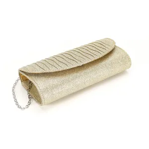 Elegant gold glitter evening clutch bag with metal chain for wedding party and prom.