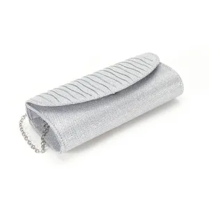 Detailed view of silver glitter evening clutch bag with metallic chain strap for parties.