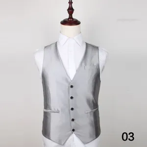 Men's formal suit vest detail view, elegant grey waistcoat with single-breasted buttons.