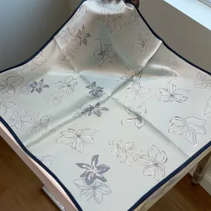Pure silk small square scarf with elegant floral print and navy blue border for women spring.