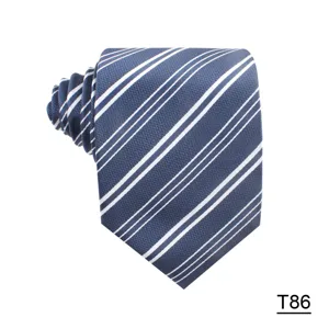 Men's classic business striped necktie in blue silk feel fabric with white diagonal lines.