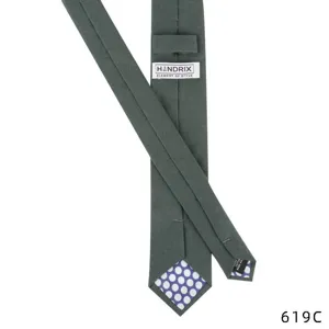 Men's green cotton linen slim tie with blue white polka dot lining and brand label.