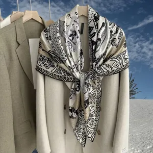 Elegant black and white silk scarf for women, large square floral print shawl winter.