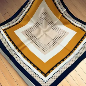 Silk square scarf with elegant geometric grid stripe pattern for women spring autumn daily wear.