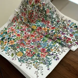 Silk floral square scarf for women, elegant botanical print luxury style neckerchief accessory.