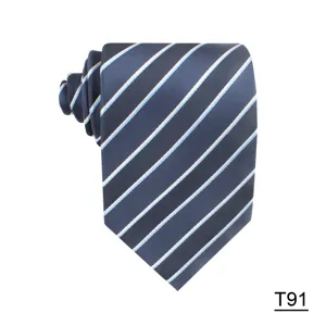 Classic striped men's necktie in dark blue with light blue and white diagonal stripes for business.