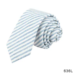 Detailed close-up shot of the blue and white striped men's necktie, showcasing fabric texture.