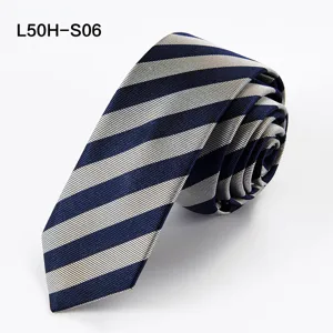 Detailed view of a classic navy blue and grey striped men's silk business necktie.